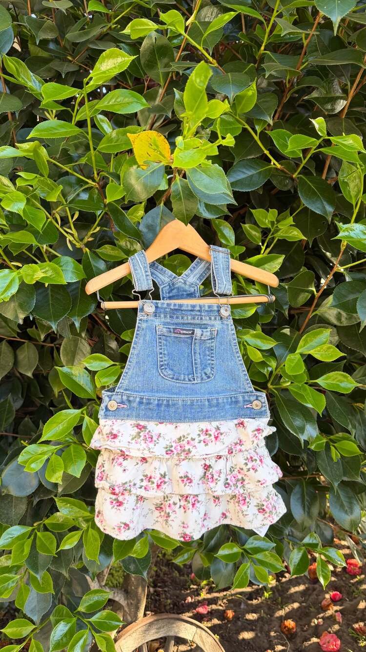 Jordache Girls Denim Overall Dress Floral Ruffle Skirt Size 3T